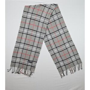 Cashmere Blend Plaid Scarf Gray Black Red Fringe Soft Winter Italy Design